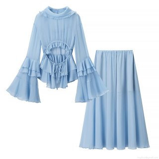 Women's Sweet Light Blue Chiffon Two Piece Skirt Set Long Sleeve Ruffle Trim Top And Pleated Midi Skirt Casual Elegant Outfit For Lady