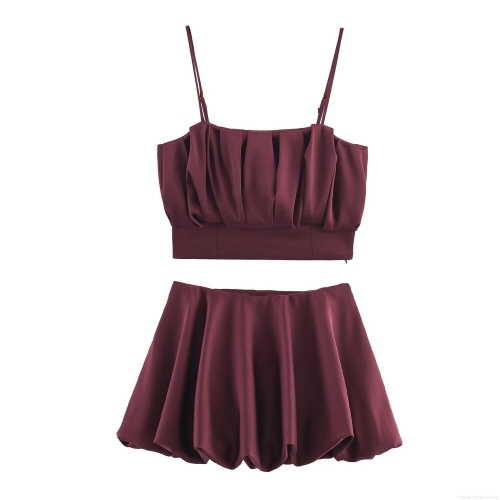 Sexy Wine Red Satin Spaghetti Strap Pleated Crop Top And Bubble Hem Mini Skirt Two Piece Set For Women Elegant Party Clubwear Celeb Style Outfits