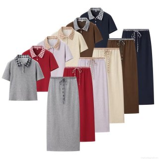 Women's Fashion Knitted 2-Piece Skirt Set Plaid Patchwork Polo Collar Short Sleeve Top And Drawstring Midi Skirt Casual Lounge Wear Outfit
