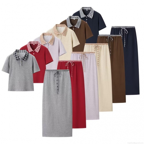 Women's Fashion Knitted 2-Piece Skirt Set Plaid Patchwork Polo Collar Short Sleeve Top And Drawstring Midi Skirt Casual Lounge Wear Outfit