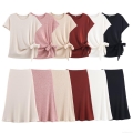Women's Knit Two Piece Set Ribbed Short Sleeve Top With Side Tie And Midi A-Line Skirt Casual Elegant Solid Color Outfits For Women