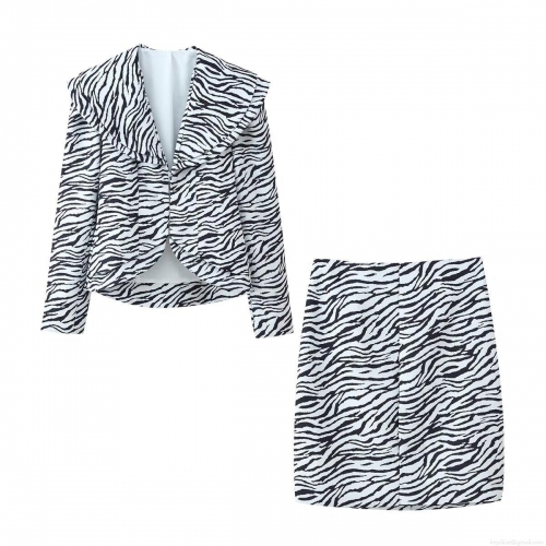 Zebra Print Short Blazer Jacket And Split Mini Skirt Set Fashion Two Piece Outfits For Women Elegant Office Lady Business Casual Suit