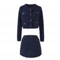Elegant Women Tweed Skirt Set Two Piece Outfit Long Sleeve Button Up Cropped Cardigan Jacket And High Waist A-Line Mini Skirt For Office Party