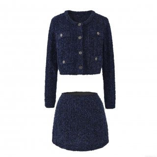 Elegant Women Tweed Skirt Set Two Piece Outfit Long Sleeve Button Up Cropped Cardigan Jacket And High Waist A-Line Mini Skirt For Office Party