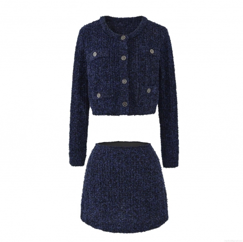 Elegant Women Tweed Skirt Set Two Piece Outfit Long Sleeve Button Up Cropped Cardigan Jacket And High Waist A-Line Mini Skirt For Office Party