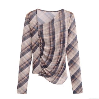 Women Plaid Mesh Two Piece Outfits Long Sleeve Side Ruched Sheer Top and High Waist Plaid A-Line Long Skirt Streetwear Y2K Casual Clothing