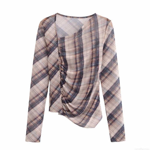 Women Plaid Mesh Two Piece Outfits Long Sleeve Side Ruched Sheer Top and High Waist Plaid A-Line Long Skirt Streetwear Y2K Casual Clothing