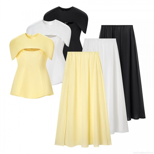 Women's 2-Piece Fashion Set Hollow Out Shawl Short Sleeve Top And Pleated High Waist Maxi Skirt Casual Solid Color Streetwear Suit