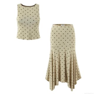 Women's Two Piece Polka Dot Outfits Cotton Blend Round Neck Sleeveless Tank Top And High Waist Irregular Hem Midi Skirt Set Summer Casual Streetwear
