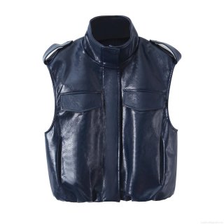 Women's Deep Blue Faux Leather Two Piece Set Stand Collar Sleeveless Vest Top And Mini Skirt With Rivet Belt Streetwear Fashion Outfit