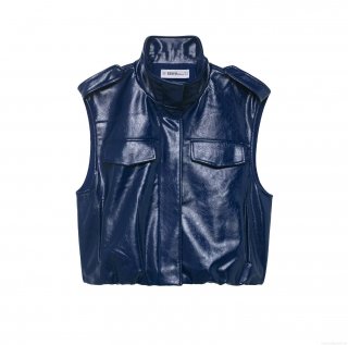 Women's Shiny Blue PU Leather Two Piece Set Sleeveless Stand Collar Zip Up Vest and Mini Skirt with Rivet Belt Fashion Punk Streetwear Outfit