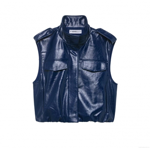 Women's Shiny Blue PU Leather Two Piece Set Sleeveless Stand Collar Zip Up Vest and Mini Skirt with Rivet Belt Fashion Punk Streetwear Outfit