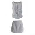 Women's Striped Vest and Mini Skirt 2 Piece Set Cotton Sleeveless Button Down Waistcoat With A-Line High Waist Short Skirt Office Casual Suit