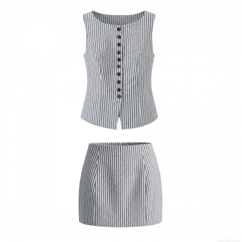 Women's Striped Vest and Mini Skirt 2 Piece Set Cotton Sleeveless Button Down Waistcoat With A-Line High Waist Short Skirt Office Casual Suit
