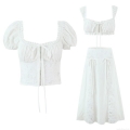 Women French Vintage White Cotton Lace Patchwork Skirt Set Puff Sleeve Crop Top and High Waist Maxi Skirt Bralette 3-Piece Outfit