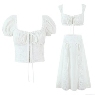 Women French Vintage White Cotton Lace Patchwork Skirt Set Puff Sleeve Crop Top and High Waist Maxi Skirt Bralette 3-Piece Outfit