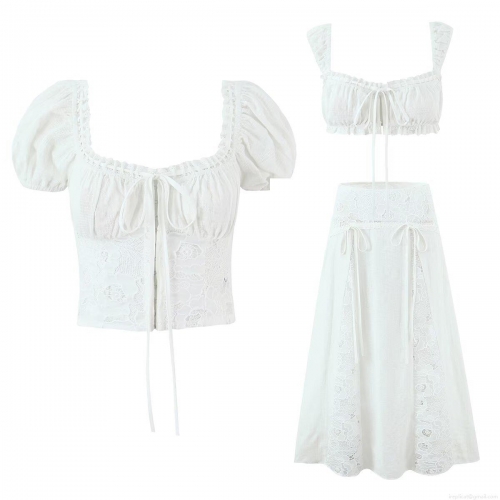 Women French Vintage White Cotton Lace Patchwork Skirt Set Puff Sleeve Crop Top and High Waist Maxi Skirt Bralette 3-Piece Outfit