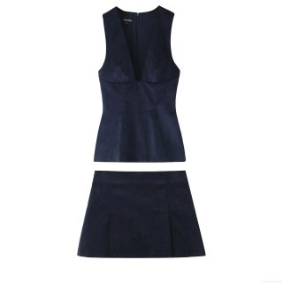 Women Sexy Corduroy Two Piece Set Sleeveless Deep V Neck Crop Top And A-Line Mini Skirt Streetwear Casual Navy Blue Outfit For Women