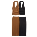 Women's 2 Piece Sexy Halter Neck Backless Ruched Top And Midi Skirt Set Cotton Blend Ribbed Knit Casual Summer Outfits For Women Clubwear Party Streetwear
