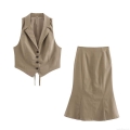 Women's Khaki Sleeveless Waistcoat And Fishtail Midi Skirt Set Western Style Backless Lace-up Two Piece Outfit For Streetwear Party Casual Women