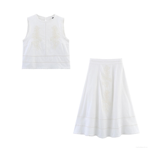 Women's Two Piece Set Cotton Blend Embroidered Lace Hollow Out Sleeveless Short Top And MIDI A-Line Skirt Summer Beach Casual Boho Chic Floral Elegant Outfit