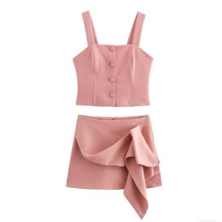 Women's Elegant Pink Two Piece Skirt Set Square Neck Button Crop Top And Ruffle Asymmetric Mini Skirt 100% Polyester Woven Summer Outfit For Women