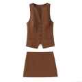 Women's 2 Piece Skirt Set V Neck Single Breasted Vest Waistcoat and Mini A-Line Skirt Brown Caramel Color Office Lady Streetwear Outfits