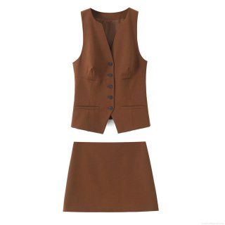 Women's 2 Piece Skirt Set V Neck Single Breasted Vest Waistcoat and Mini A-Line Skirt Brown Caramel Color Office Lady Streetwear Outfits