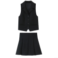 Women's 2 Piece Casual Business Suit Set Sleeveless Button Down Waistcoat Vest and High Waist Pleated Mini Skirt Solid Black Streetwear Preppy Outfit For Ladies