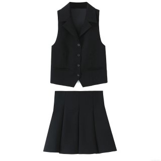 Women's 2 Piece Casual Business Suit Set Sleeveless Button Down Waistcoat Vest and High Waist Pleated Mini Skirt Solid Black Streetwear Preppy Outfit For Ladies