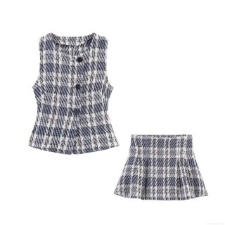 Women's Elegant Tweed Plaid Two-Piece Set Sleeveless Button Down Vest And High Waist Pleated Mini Skirt Navy Gold Checkered Skirt Suit For Streetwear