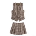 Women Retro Brown Plaid 2-Piece Set Sleeveless V-Neck Button Vest Waistcoat And High Waist Pleated Mini Skirt Hot Girl Style Streetwear Outfit