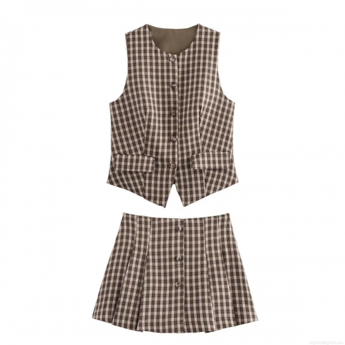 Women Retro Brown Plaid 2-Piece Set Sleeveless V-Neck Button Vest Waistcoat And High Waist Pleated Mini Skirt Hot Girl Style Streetwear Outfit