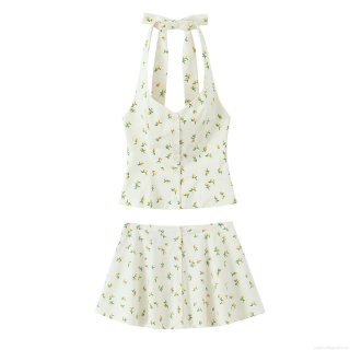 Women's 2 Piece Summer Set Cotton Blend Lemon Print Halter Backless Top And Button Down Mini Skirt Casual Beach Vacation Outfit
