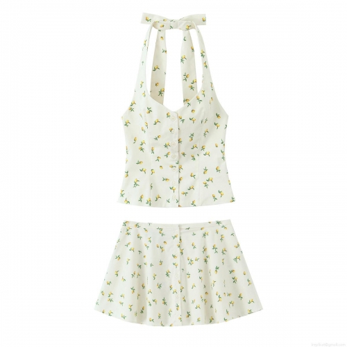 Women's 2 Piece Summer Set Cotton Blend Lemon Print Halter Backless Top And Button Down Mini Skirt Casual Beach Vacation Outfit