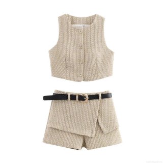 Women Elegant Tweed Two Piece Set Sleeveless Vest and Skort With Belt Chic Gold Button Texture Outfit For Streetwear Party Office Lady