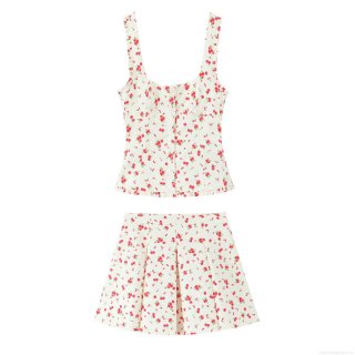 Women's Floral Two Piece Skirt Set Polyester Square Neck Ruffle Camisole Top and Mini Pleated Skirt Casual Summer Vacation Outfits Streetwear