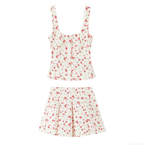 Women's Floral Two Piece Skirt Set Polyester Square Neck Ruffle Camisole Top and Mini Pleated Skirt Casual Summer Vacation Outfits Streetwear