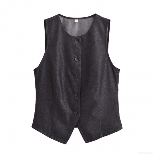 Women's Casual Two Piece Set Solid Color Sleeveless Button Up Vest Top and High Waist Midi Skirt with Back Slit Denim Texture Streetwear Outfit