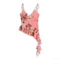 Women Sexy Pink Floral Print Chiffon Two Piece Set Irregular Ruffle Hem Camisole Top And High Waist Mermaid Midi Skirt For Summer Vacation Streetwear