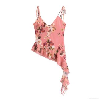 Women Sexy Pink Floral Print Chiffon Two Piece Set Irregular Ruffle Hem Camisole Top And High Waist Mermaid Midi Skirt For Summer Vacation Streetwear