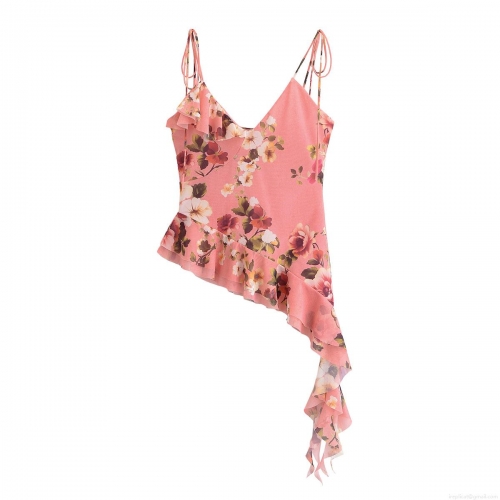 Women Sexy Pink Floral Print Chiffon Two Piece Set Irregular Ruffle Hem Camisole Top And High Waist Mermaid Midi Skirt For Summer Vacation Streetwear