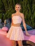 Women Sexy Pink 3D Floral Lace Two Piece Skirt Set Tube Crop Top Backless Lace Up High Waist Mini Skirt For Party Club Vacation Date Night Elegant Summer Outfit