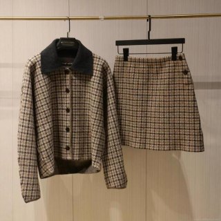 Women's Retro Plaid Wool Blend Two Piece Skirt Set Vintage Lapel Long Sleeve Button Up Jacket And Mini A-Line Skirt Elegant Casual Streetwear Outfit