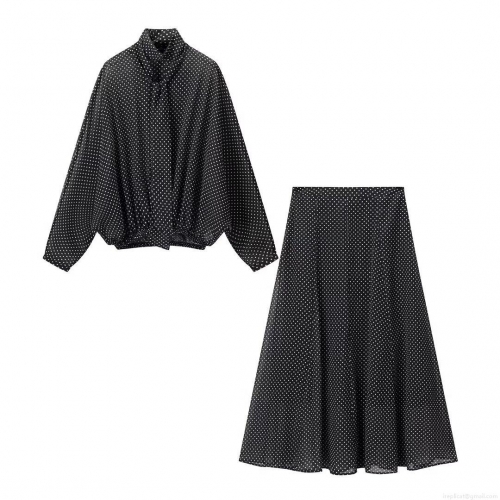 Women's Fashion Polka Dot Two Piece Set Long Sleeve Tie Neck Chiffon Shirt Top And High Waist Mid-length A-line Skirt Suit Casual Streetwear Outfits For Ladies