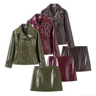 Women's 2 Piece Shiny Faux Leather Skirt Set Fashion Double Breasted PU Jacket and Mini Skirt Outfit Streetwear Suit for Clubwear Party