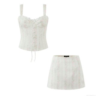 Sweet French Floral Print Bustier Top And Mini Skirt Set Women Lace Trim Back Lace-up High Waist A-line Skirt Two Piece Summer Vacation Outfits