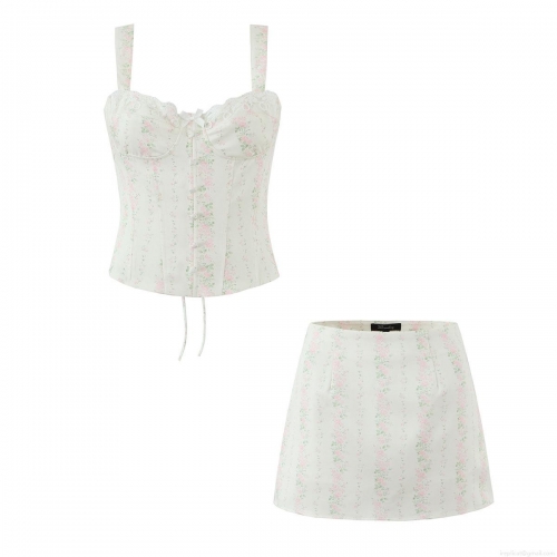 Sweet French Floral Print Bustier Top And Mini Skirt Set Women Lace Trim Back Lace-up High Waist A-line Skirt Two Piece Summer Vacation Outfits