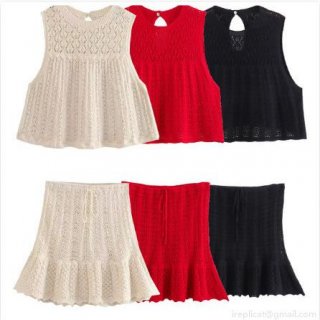 Women's Knit Crochet Two-Piece Set Sleeveless Hollow Out Top and Ruffle Mini Skirt Solid Color Street Casual Summer Beach Outfits Women Clothing
