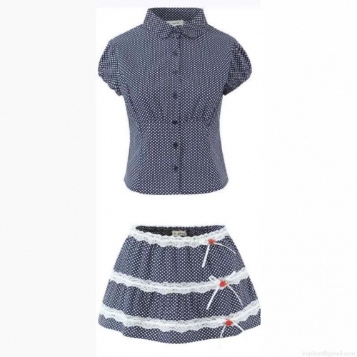 Women's Vintage Polka Dot Two Piece Skirt Set Puff Sleeve Button Down Shirt And Layered Lace Trim Mini Skirt Casual Fashionable Summer Outfit